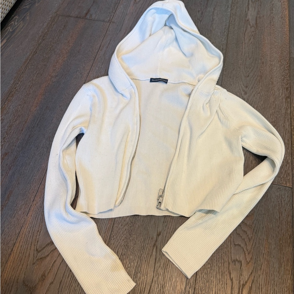 Brandy Melville Cropped White Zip Up Hoodie